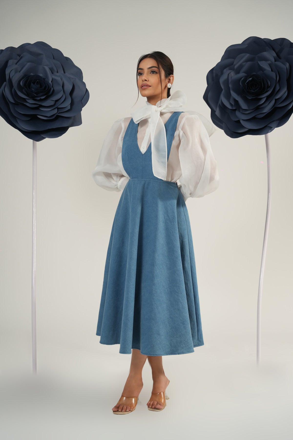 Organza Bow-Tie Balloon Sleeve Shirt with Dungaree Midi Dres