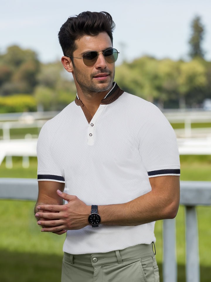 White Textured Mandarin Collar Polo T-shirt | Kingdom Of White at Broadway