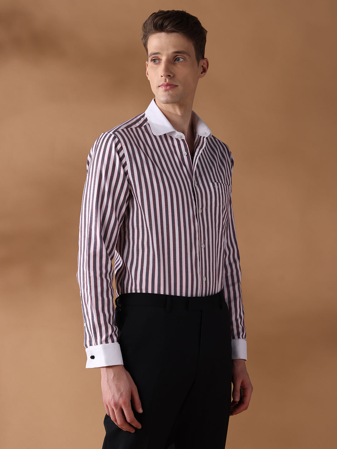 Grey Regular Fit Striped Formal Shirt for Men (DRILO)