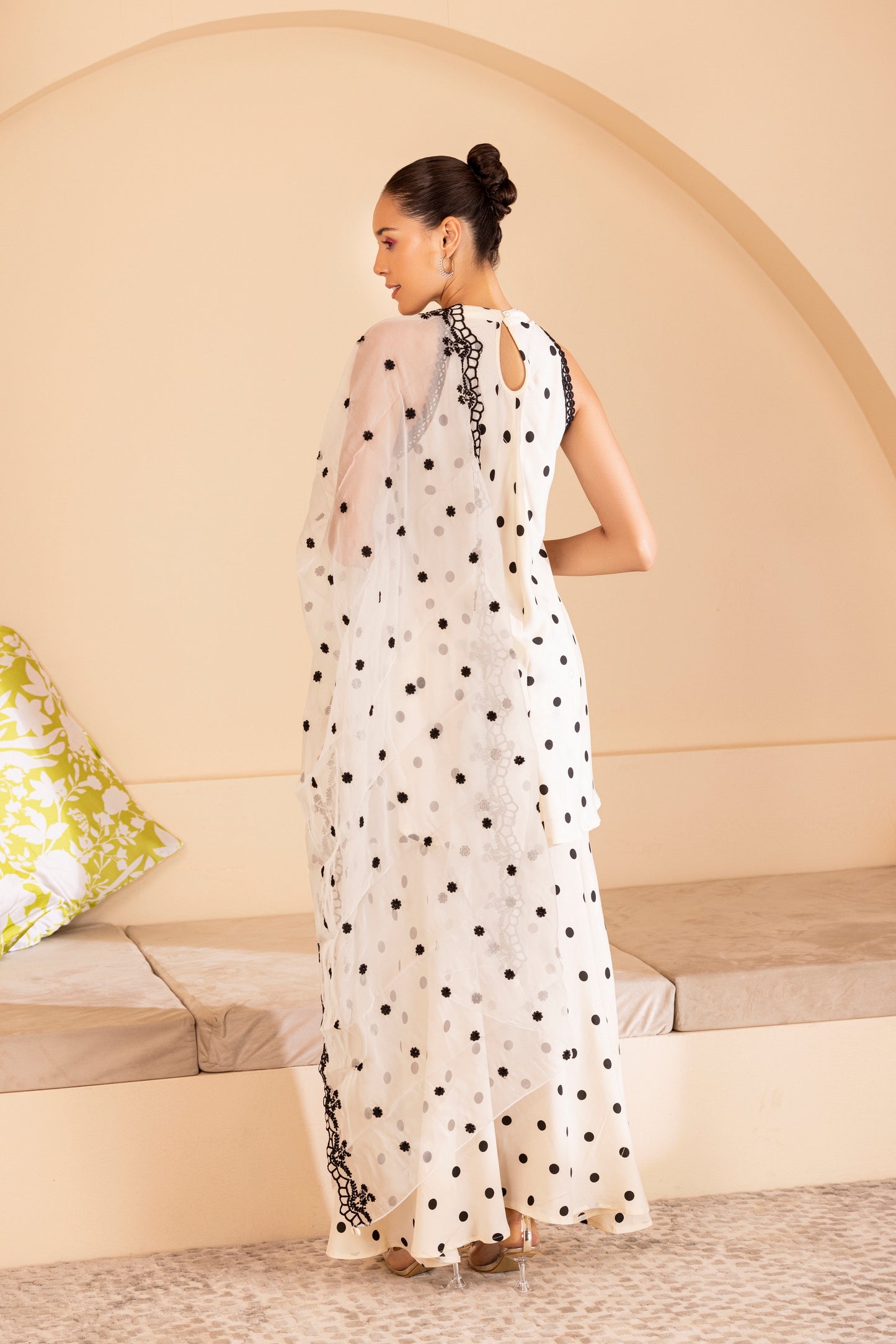 BLACK POLKA DOT SET WITH EMBROIDERED ORGANZA DUPATTA