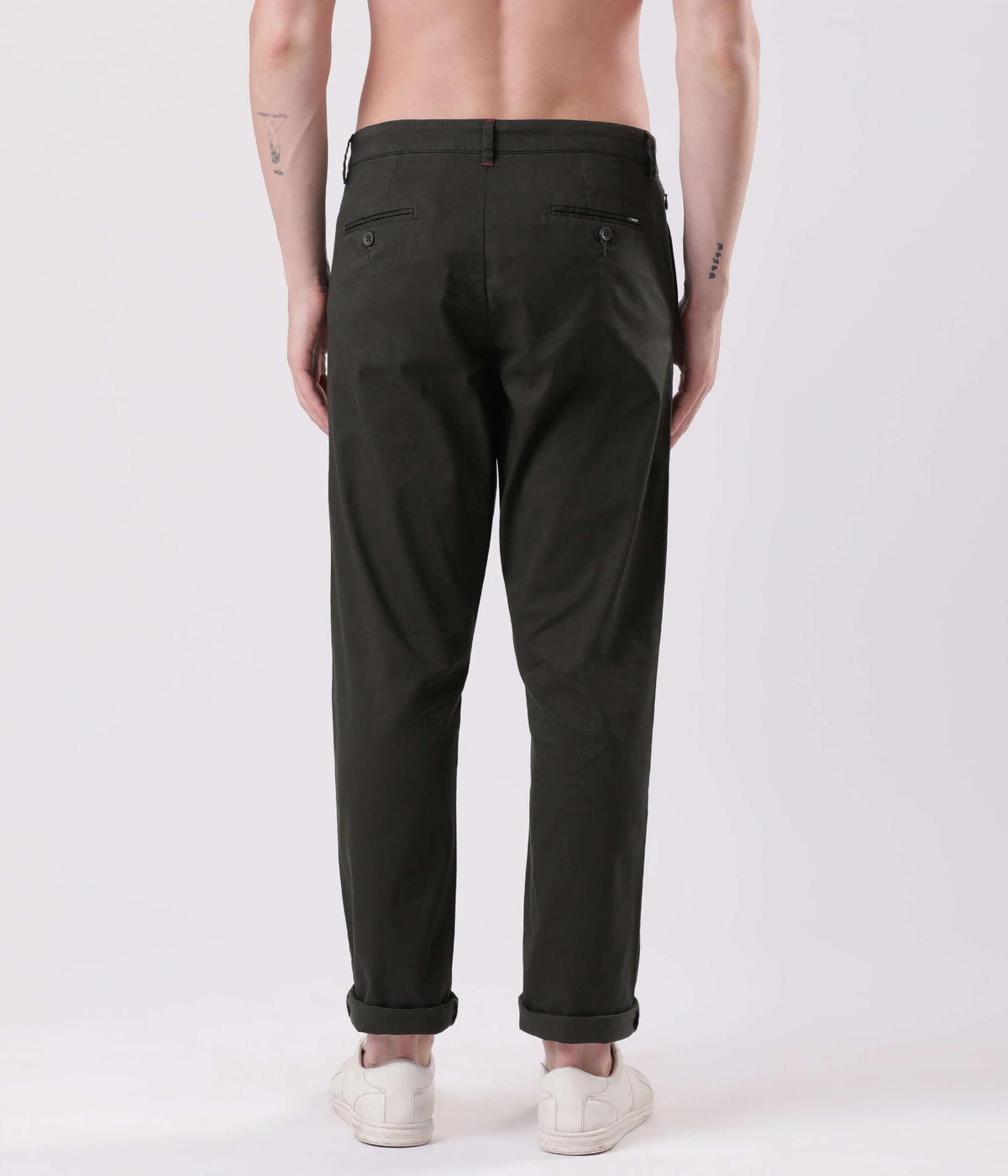 Back view of a man wearing Sage Olive Turms All Day Worry-Less Intelligent Smart flex Chino.