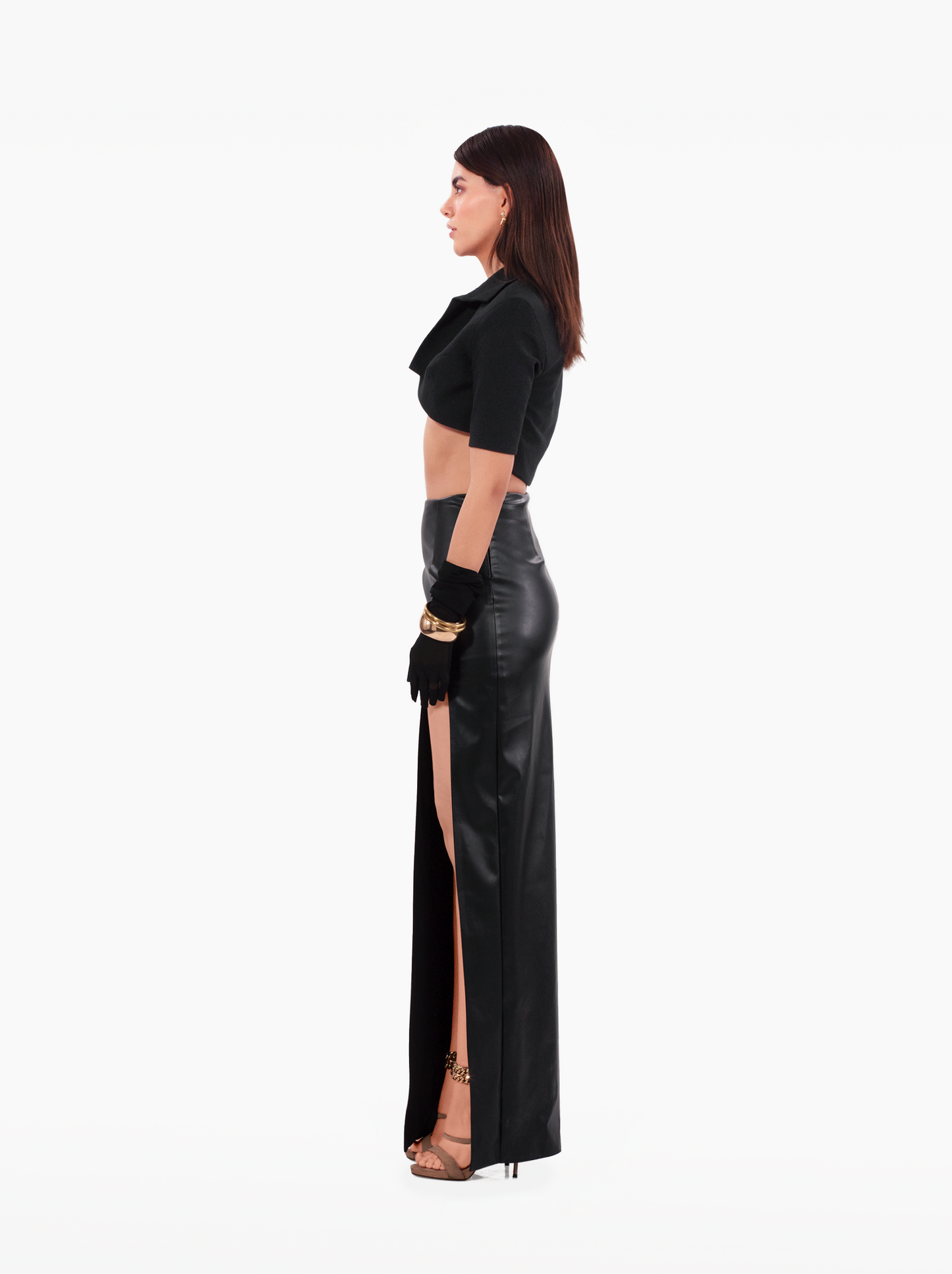 brooklyn baby skirt - black faux leather asymmetric skirt with u-cut side slit. high waisted fitted skirt by SOLÉITE
