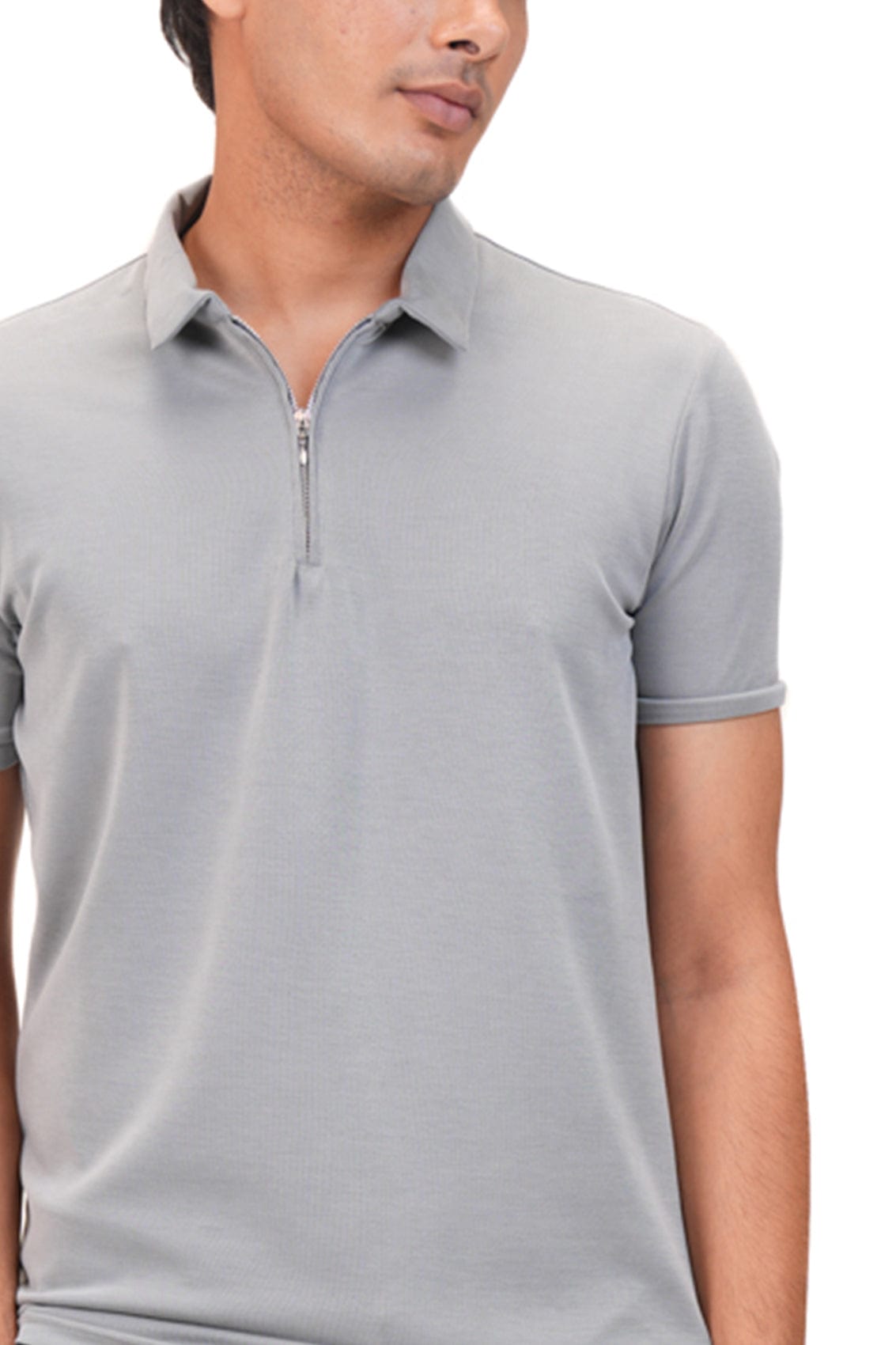 Suede Zipper Polo- Storm Grey