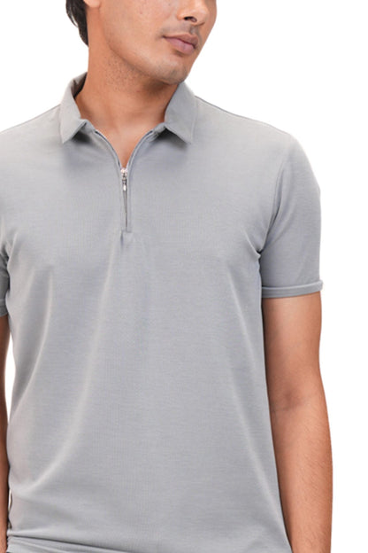Suede Zipper Polo- Storm Grey