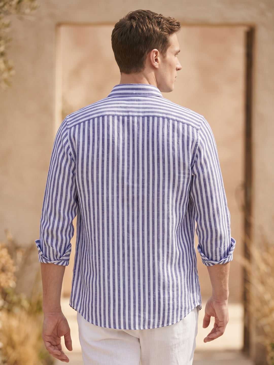 Regular Fit Purple Linen Striped Casual Shirt for Men (LUCID)