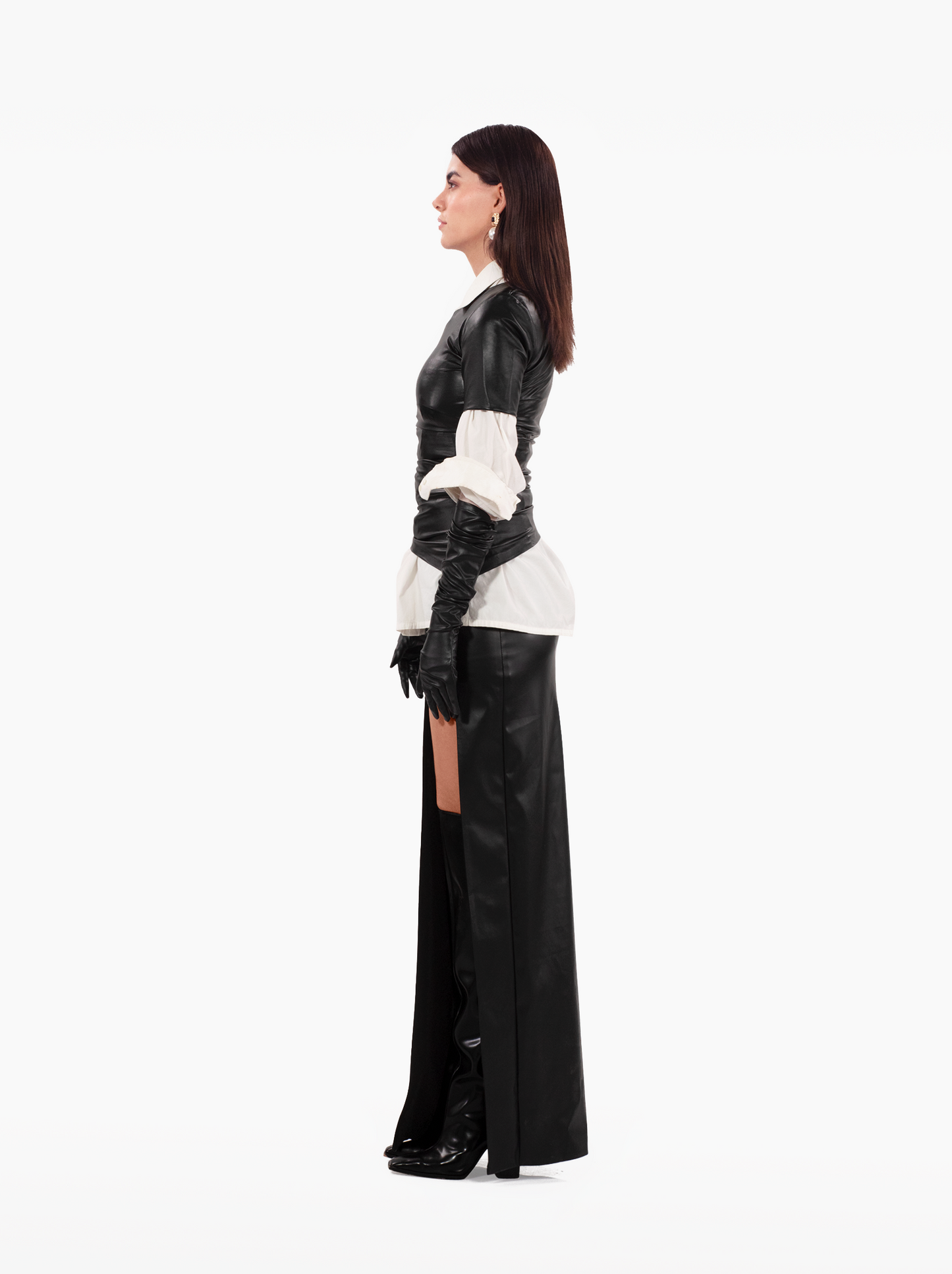 All Day and Night T-Shirt – black faux leather gathered tshirt top with shoulder pads and asymmetric hem by SOLÉITE