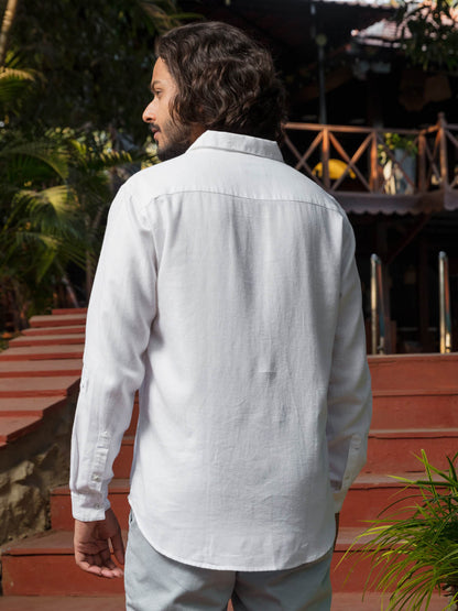 Polo Neck Cotton Linen White Shirt - Wander