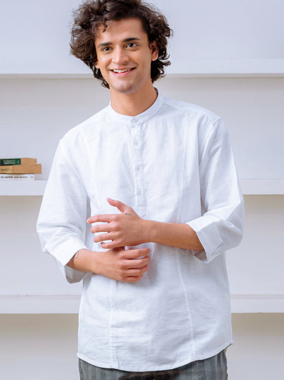Panel Detail Cotton Linen White Kurta - Halfway