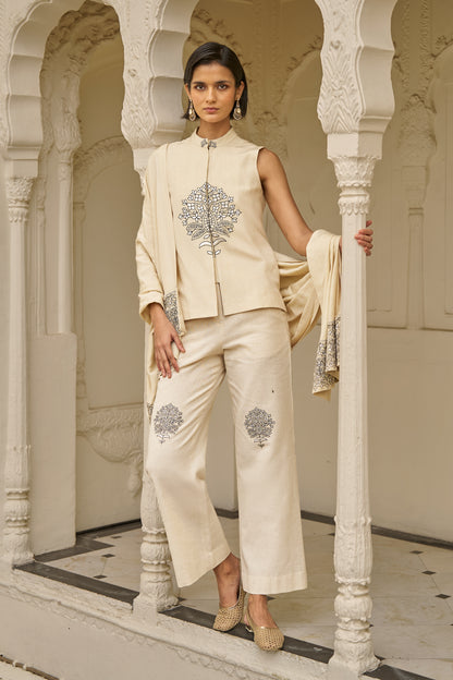 LINEN EMBROIDERED PANT SET WITH SHAWL