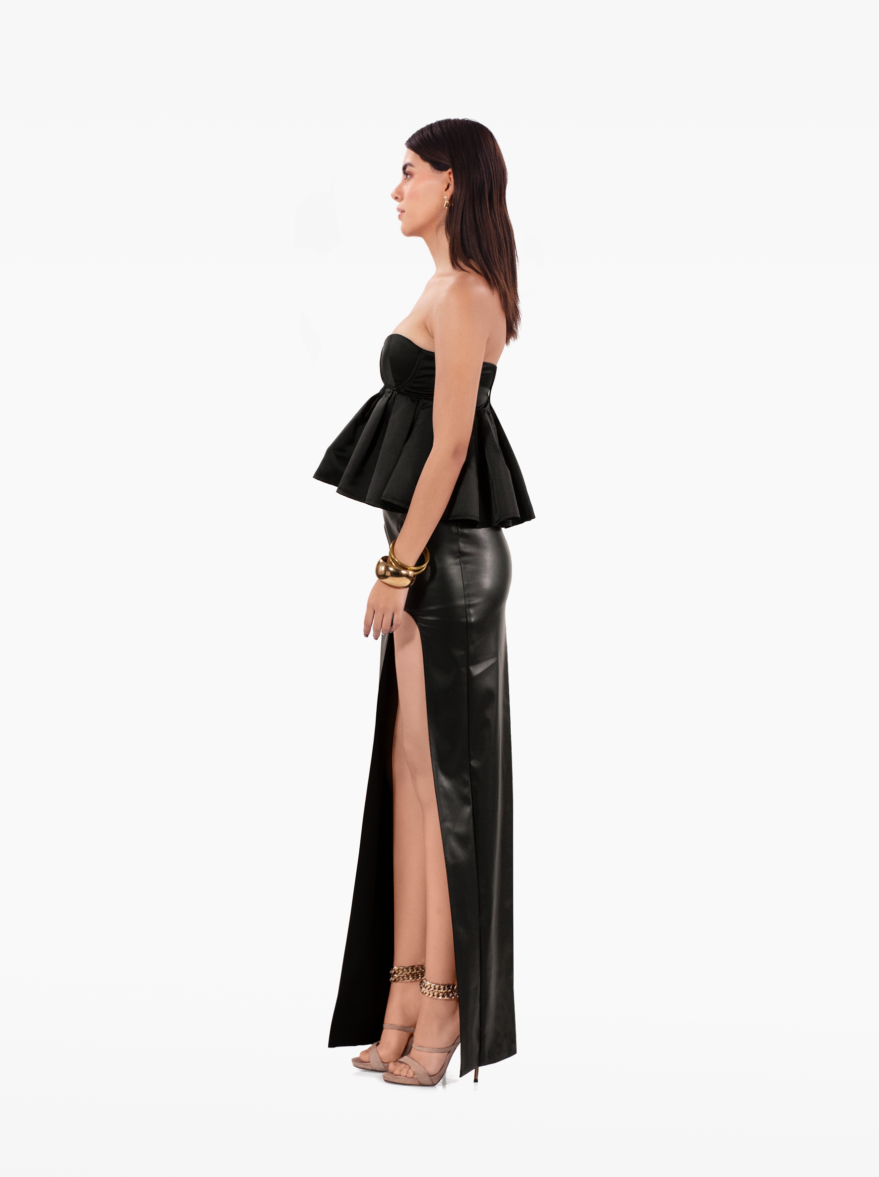 love talk top - black strapless, satin peplum top with an under-bust cutout birthday, party, dinner, vacation, date night outfits - SOLÉITE