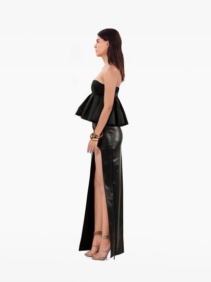 love talk top - black strapless, satin peplum top with an under-bust cutout birthday, party, dinner, vacation, date night outfits - SOLÉITE