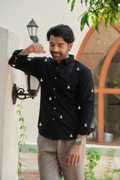 Midnight Sailboat Cotton Regular Fit Black Embroidered Shirt | Hamptons at Broadway