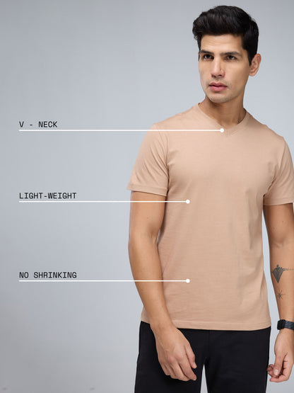 Beige Supima V Neck T-shirt - Regular Fit