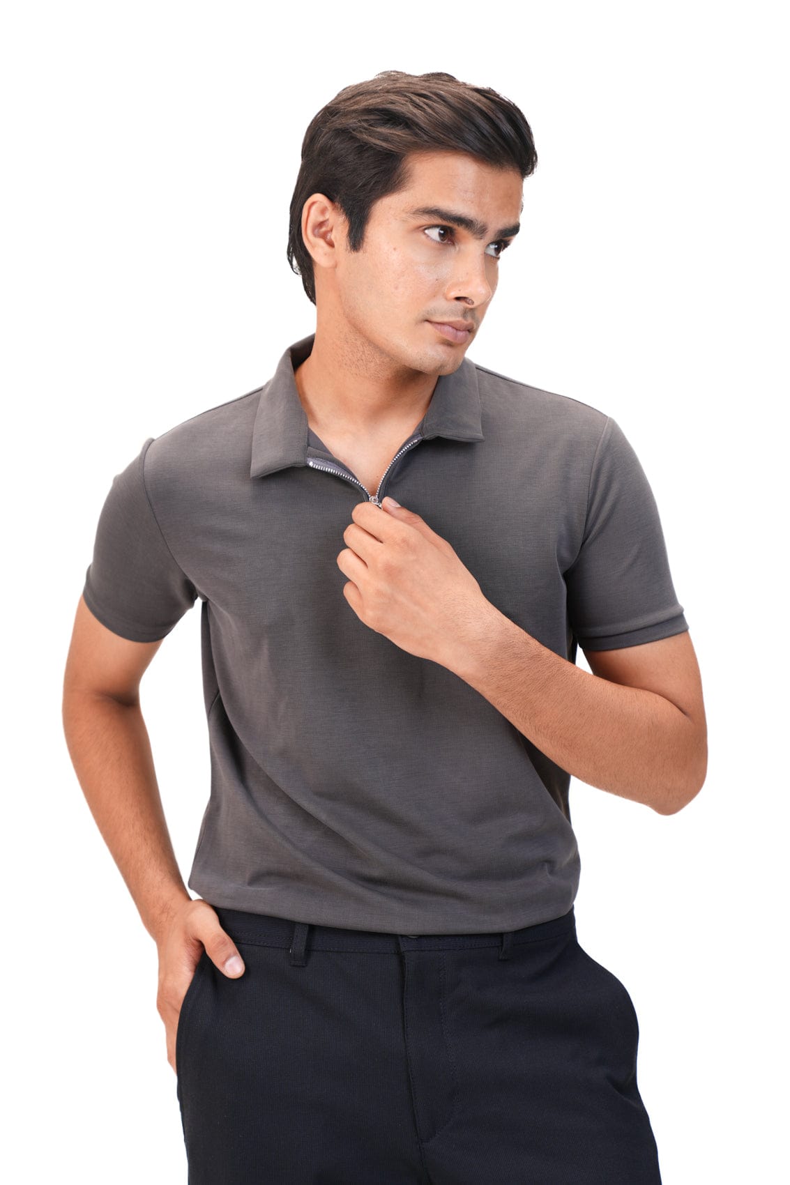 Suede Zipper Polo- Charcoal Grey