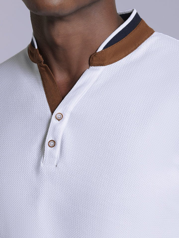 White Textured Mandarin Collar Polo T-shirt | Kingdom Of White at Broadway