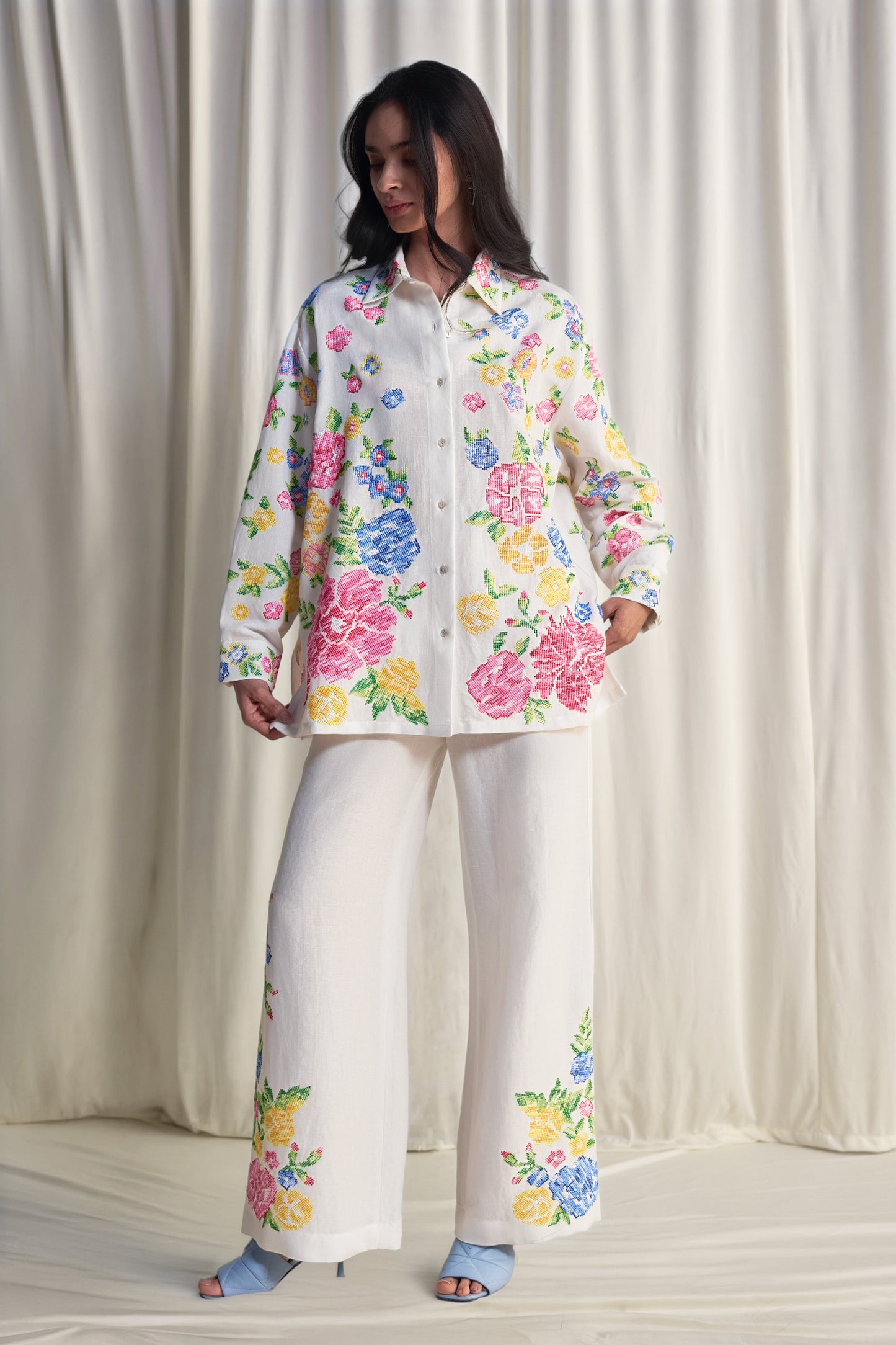 LINEN FLORAL CROSS-STITCH EMBROIDERED PANT