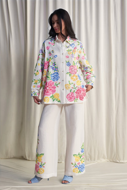 LINEN FLORAL CROSS-STITCH EMBROIDERED PANT