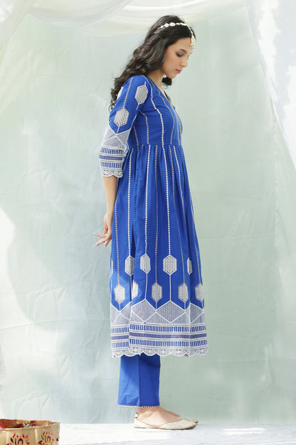 Blue And Gold Chikankari Embroidered Kurta Set