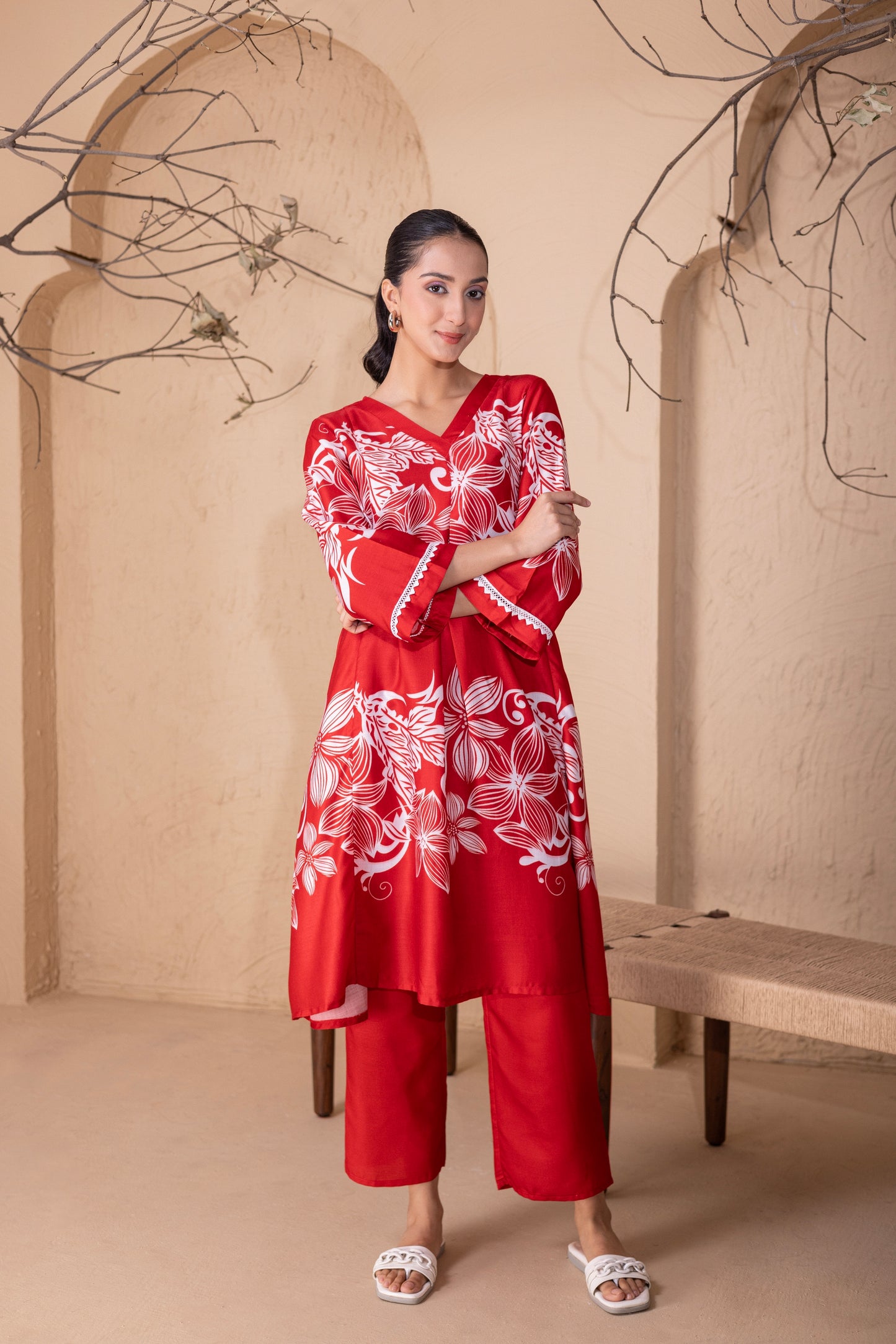 RED FLORAL PRINTED KURTA SET