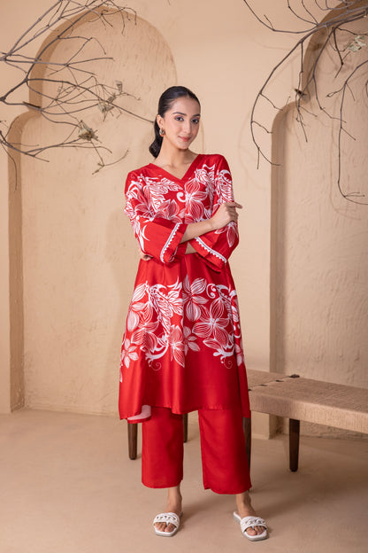 RED FLORAL PRINTED KURTA SET
