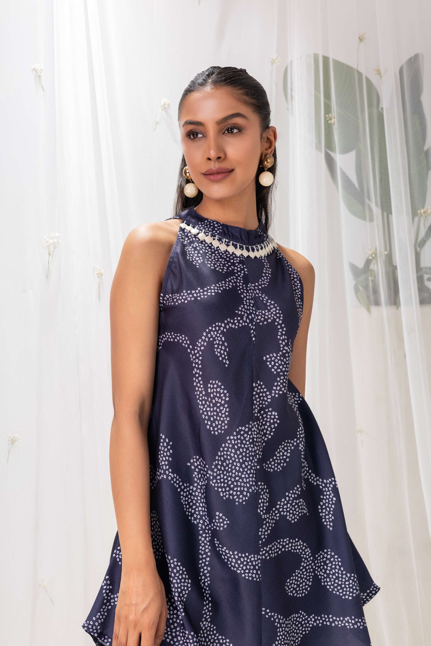 NAVY BLUE BANDHANI PRINTED HALTER SUIT SET