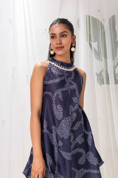 NAVY BLUE BANDHANI PRINTED HALTER SUIT SET