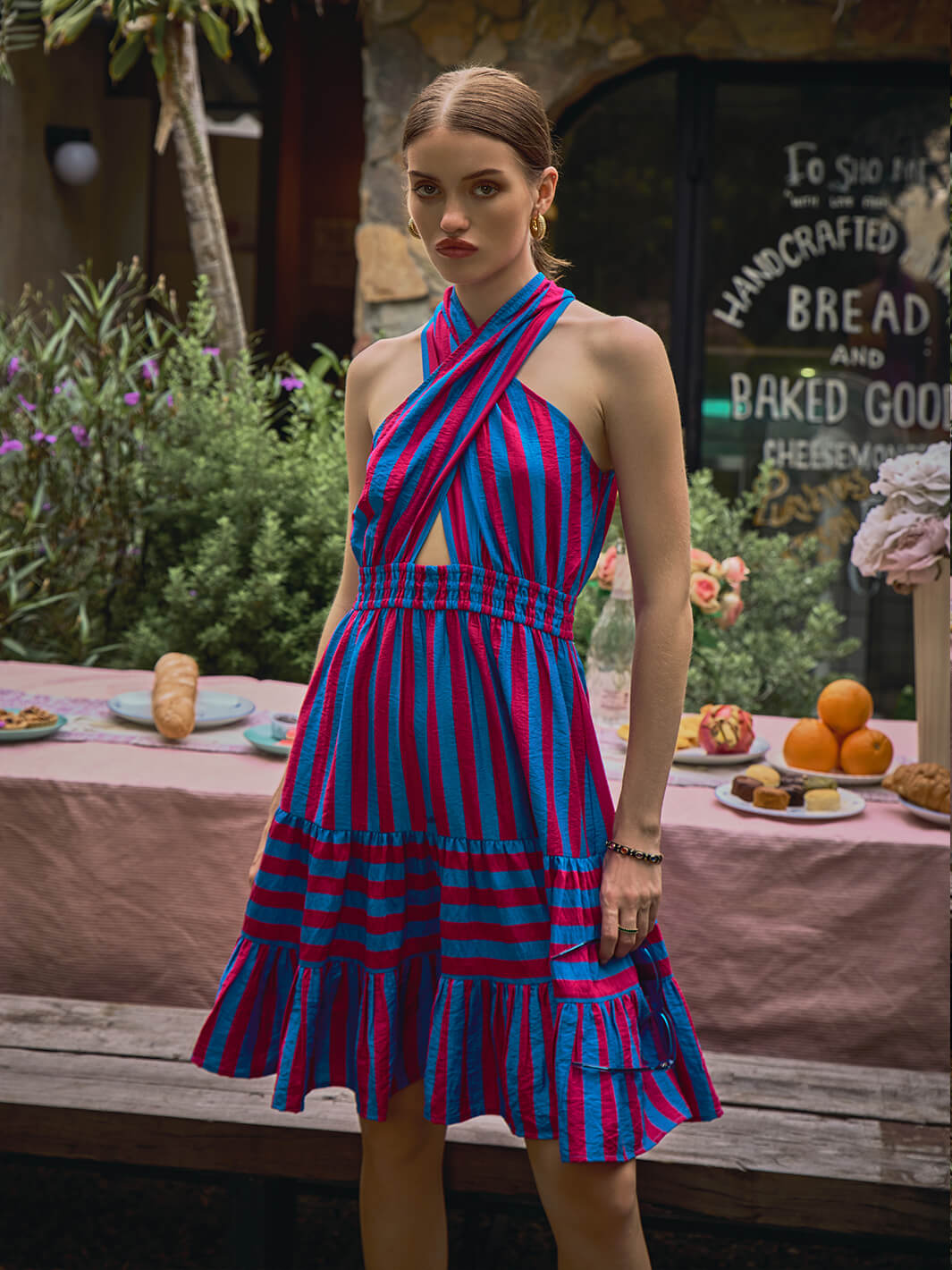 a-line dress | Halter Stripe Dress | stripe dress | strip dress | halter dress | short dress | blue and pink dress | outdoor dress | resort party dress | beach side dress | beachside dress | skirt | bold dress | night party | club party dress