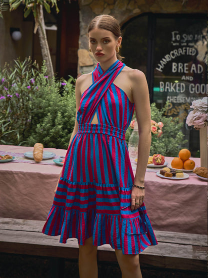 a-line dress | Halter Stripe Dress | stripe dress | strip dress | halter dress | short dress | blue and pink dress | outdoor dress | resort party dress | beach side dress | beachside dress | skirt | bold dress | night party | club party dress