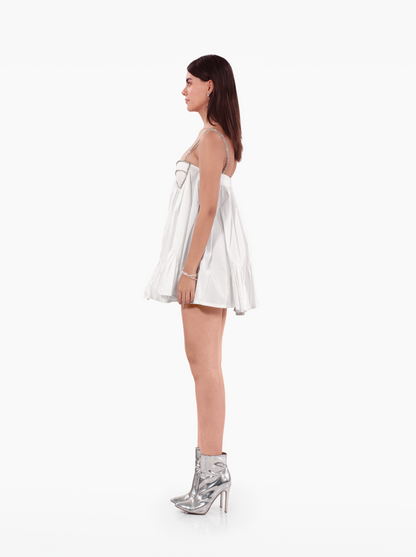playdate dress - poplin mini dress, loosely fitted silhouette adorned with a crystal trimmed bra, with deep neckline. birthday dress, date night, vacation, euro summer, ibiza