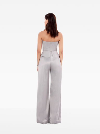 instant crush trousers - silver grey wide leg satin high-waisted trousers with front pockets, birthday, party, formal, dinner, date outfit - SOLÉITE