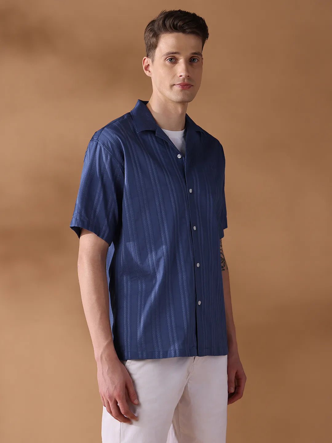 Navy Blue Regular Fit Stripes Casual Shirt for Men (NAZAR)