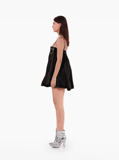 playdate dress - black poplin mini dress, loosely fitted silhouette adorned with a crystal trimmed bra, with deep neckline. birthday dress, date night, vacation, euro summer, ibiza