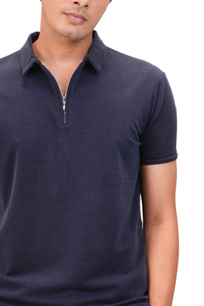 Suede Zipper Polo- Brilliant Navy