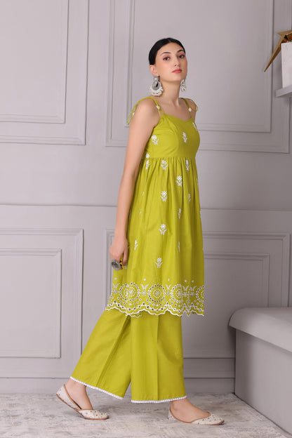 Lime Floral Halter Embroidered Kurta Set