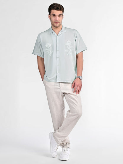 Botanic Bloom Box-Fit Embroidered Linen Shirt in Baby Blue