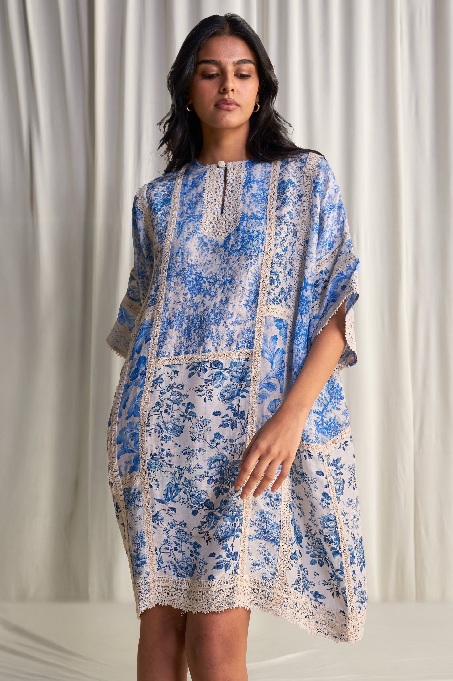 SILK-LINEN PORCELAIN PRINT PATCHWORK DRESS