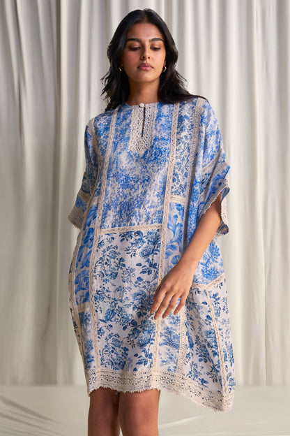 SILK-LINEN PORCELAIN PRINT PATCHWORK DRESS