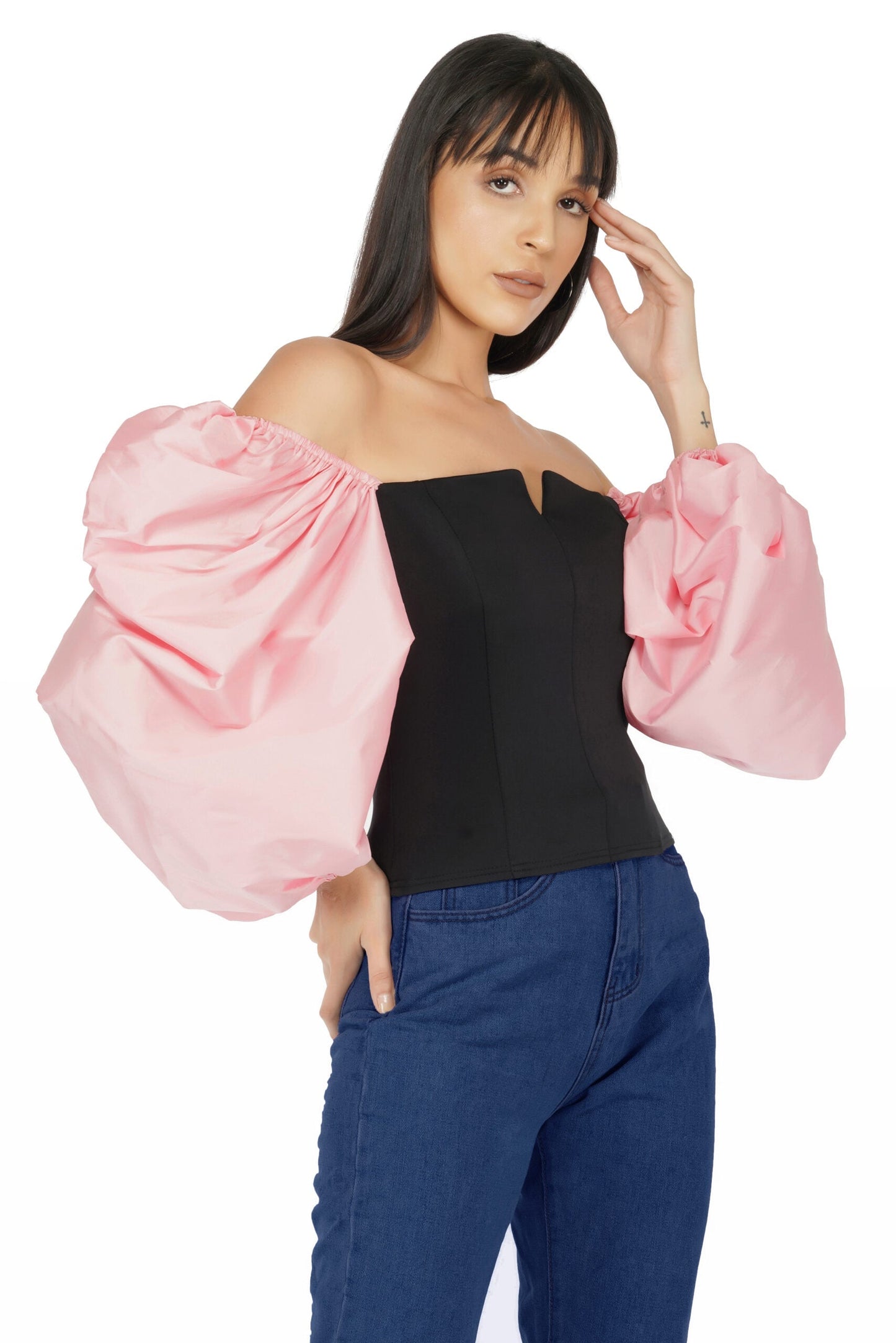 Balloon Sleeves Corset Top- Pink