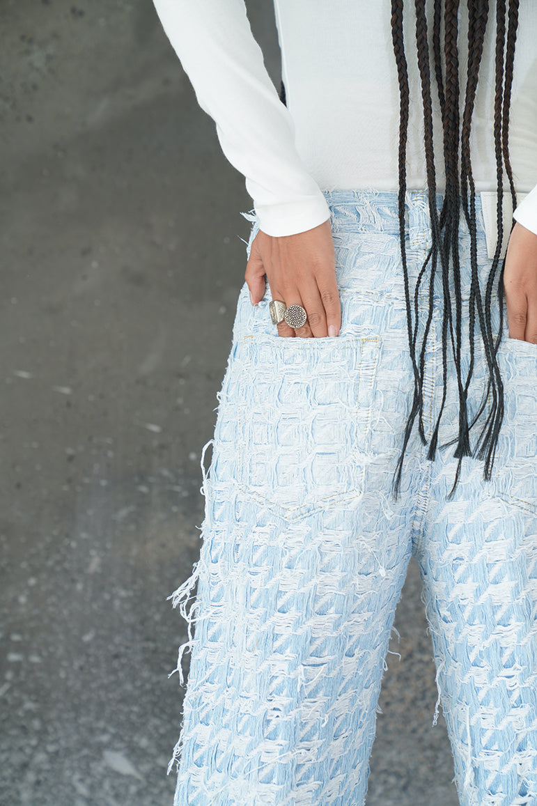 CHECKERED BLUE GRADIENT DISTRESSED FABRIC VALKYRE PANTS