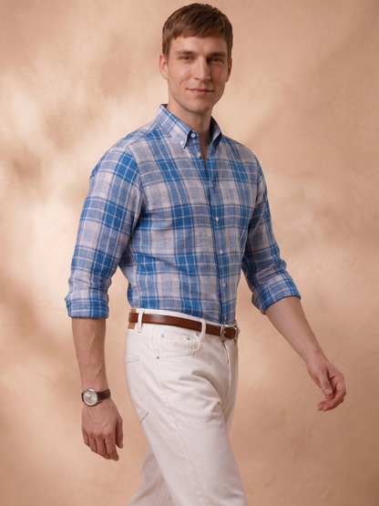 Regular Fit Linen Blue Casual Shirt for Men (LINAZ)