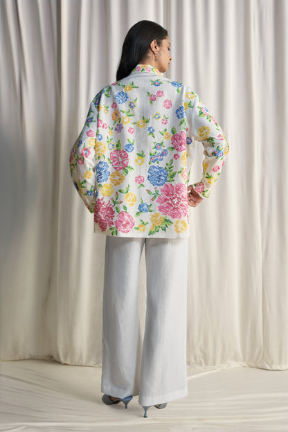 LINEN FLORAL CROSS-STITCH EMBROIDERED PANT
