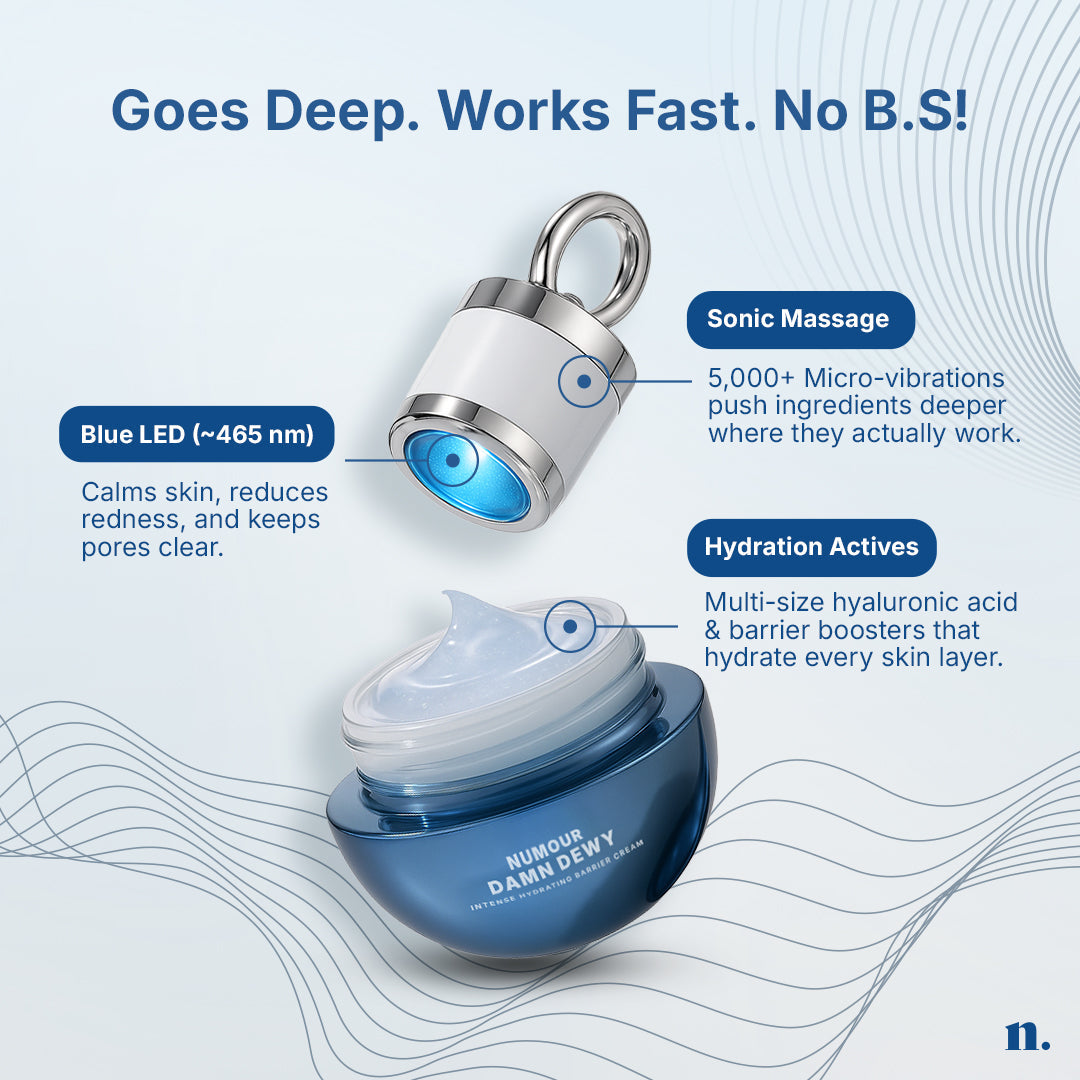 Numour Damn Dewy- Intense Hydrating & Barrier Repair Pressed Serum with Blue LED Sonic Booster | Numour at Broadway