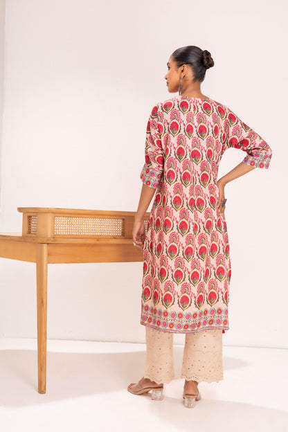 BEIGE MUGHLAI PRINT KURTA SET