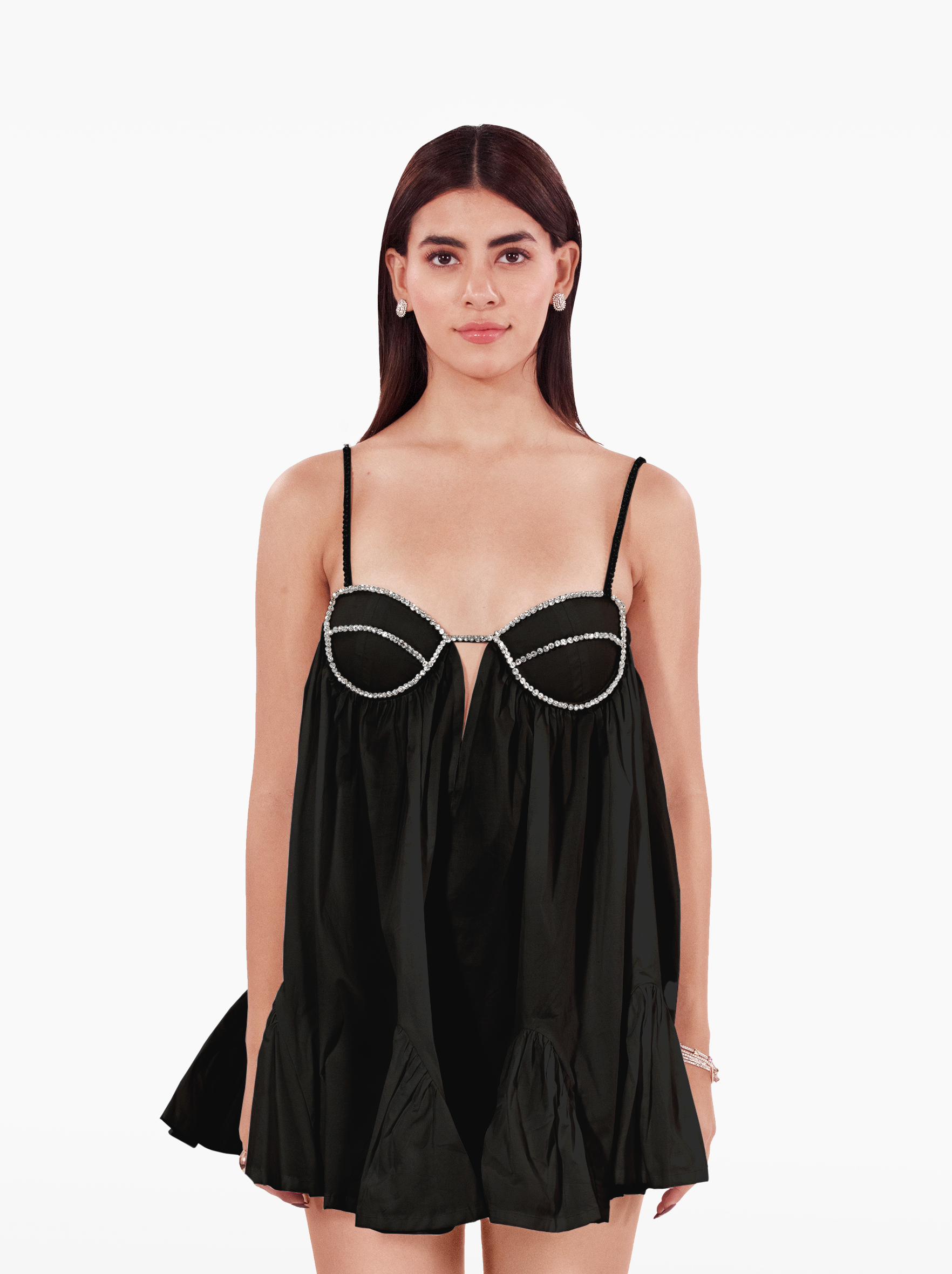 playdate dress - black poplin mini dress, loosely fitted silhouette adorned with a crystal trimmed bra, with deep neckline. birthday dress, date night, vacation, euro summer, ibiza