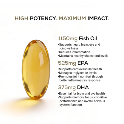 3X Strength Omega-3 Fish Oil, 60 Capsules | 1150mg Omega, 525mg EPA & 375mg DHA | For Healthy Heart, Eyes & Joints