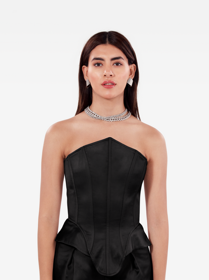 instant crush corset - black asymmetric bustier top with a strapless design and structured boning, birthday, party, dinner, date outfit - SOLÉITE
