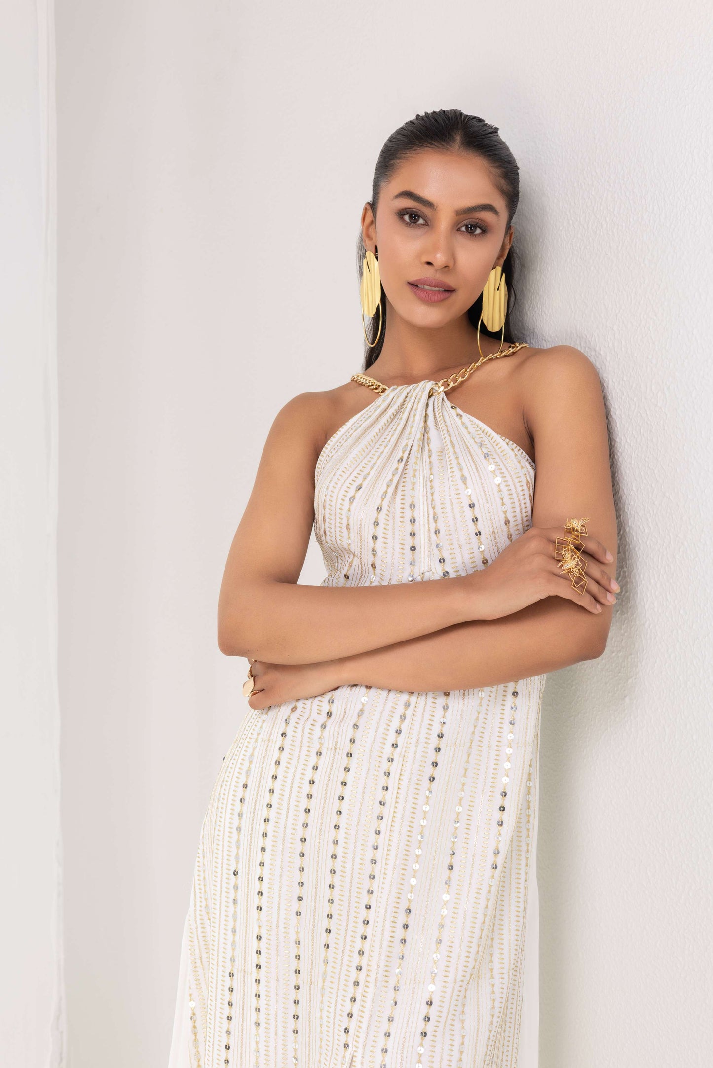 White and gold sequence embroidered Kurta set