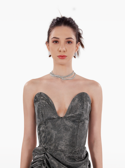 Area Codes Dress - silver grey black glitter sparkly shimmer corset mini party birthday dress with bustier deep neckline and gathers by SOLÉITE