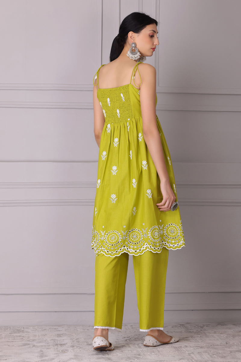 Lime Floral Halter Embroidered Kurta Set