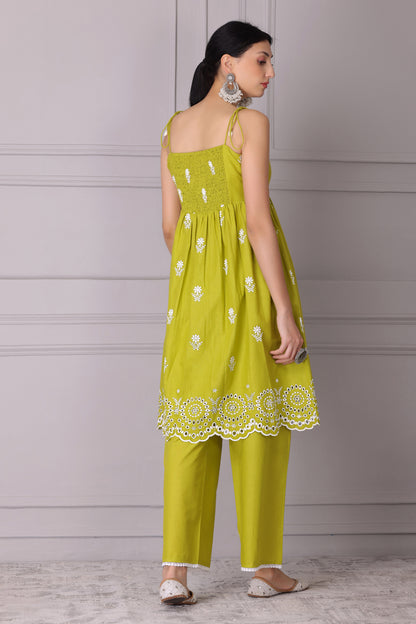 Lime Floral Halter Embroidered Kurta Set